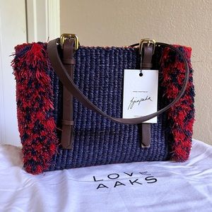 A.A.K.S. Blue and Red Como Ruffle Raffia Handbag NWT